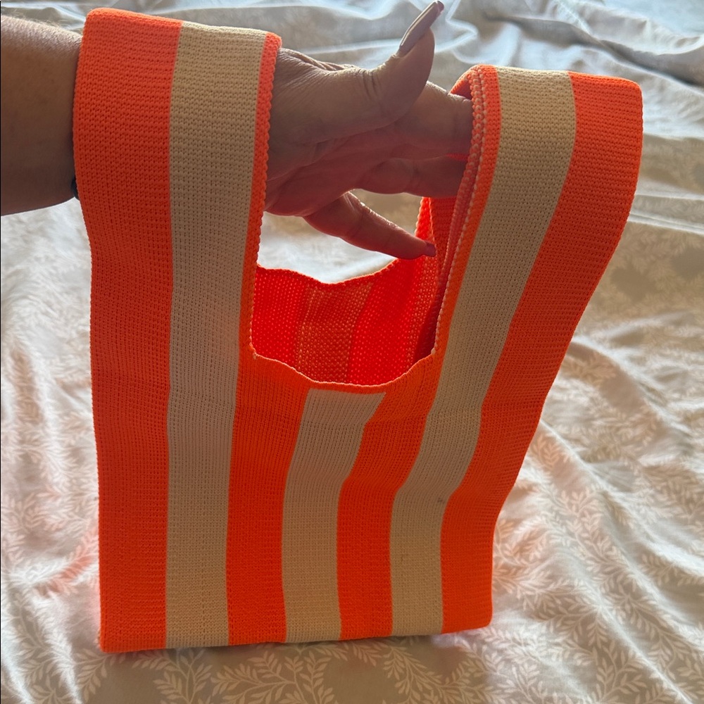 Neon Orange & Cream Striped Knit Tote